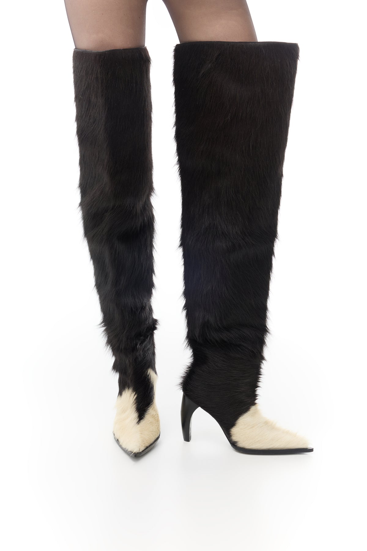Thigh-high Wide Boots in Cowhide in black & white — front view
