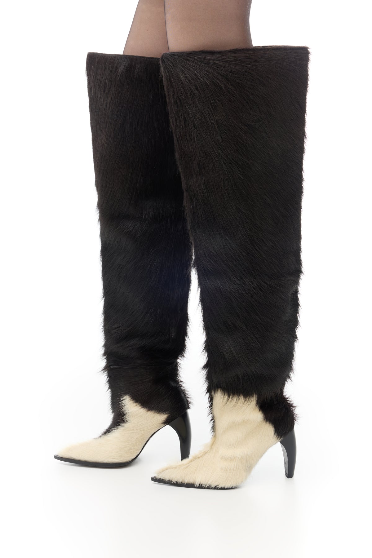 Thigh-high Wide Boots in Cowhide in black & white — back view