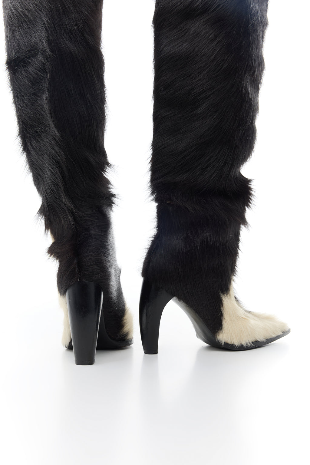 Thigh-high Wide Boots in Cowhide in black & white — side view