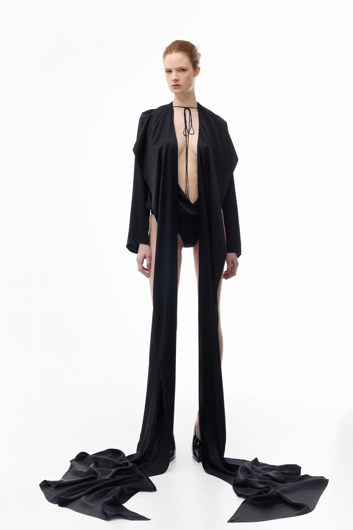 Long-sleeve Bodysuit in Silk in black — front view