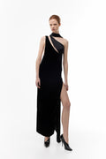 Long Velvet Dress with a Silk Scarf in black — front view