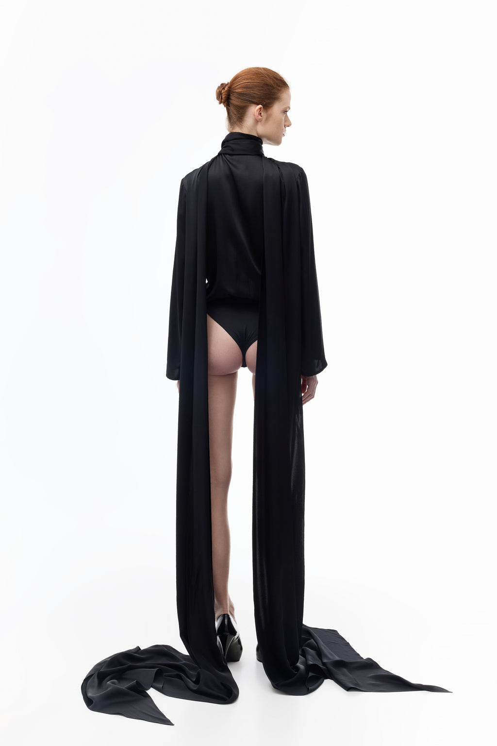 Long-sleeve Bodysuit in Silk in black — back view