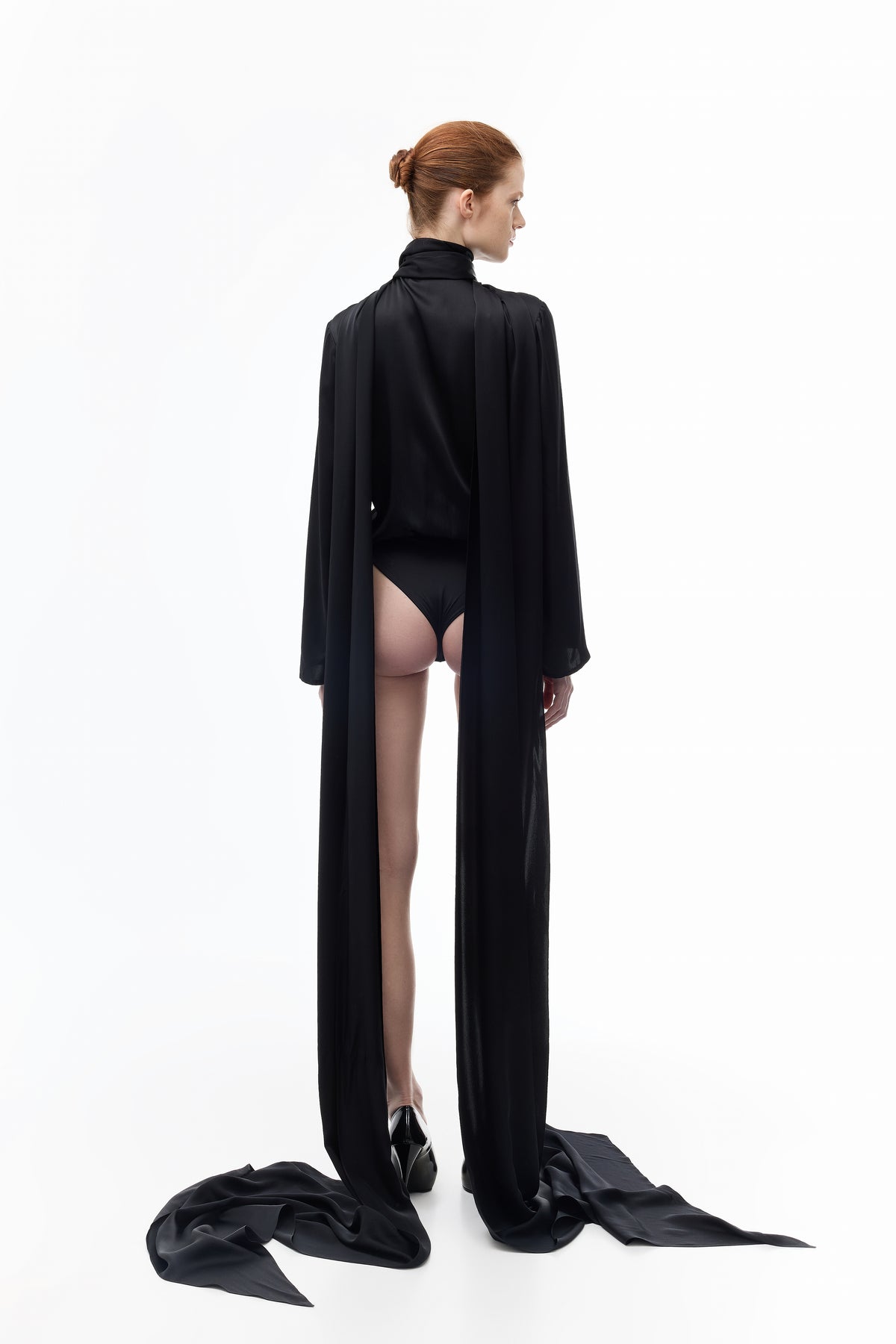 Long-sleeve Bodysuit in Silk in black — back view