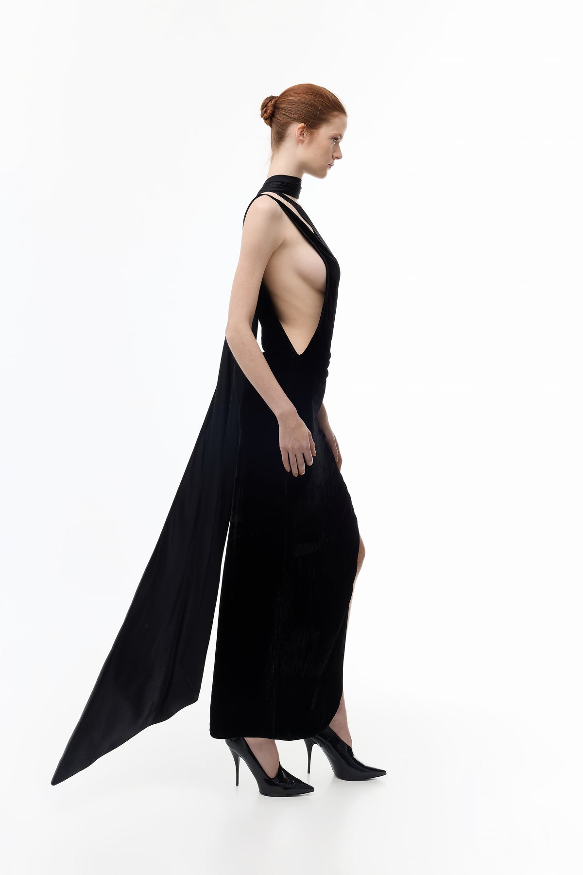 Long Velvet Dress with a Silk Scarf in black — side view
