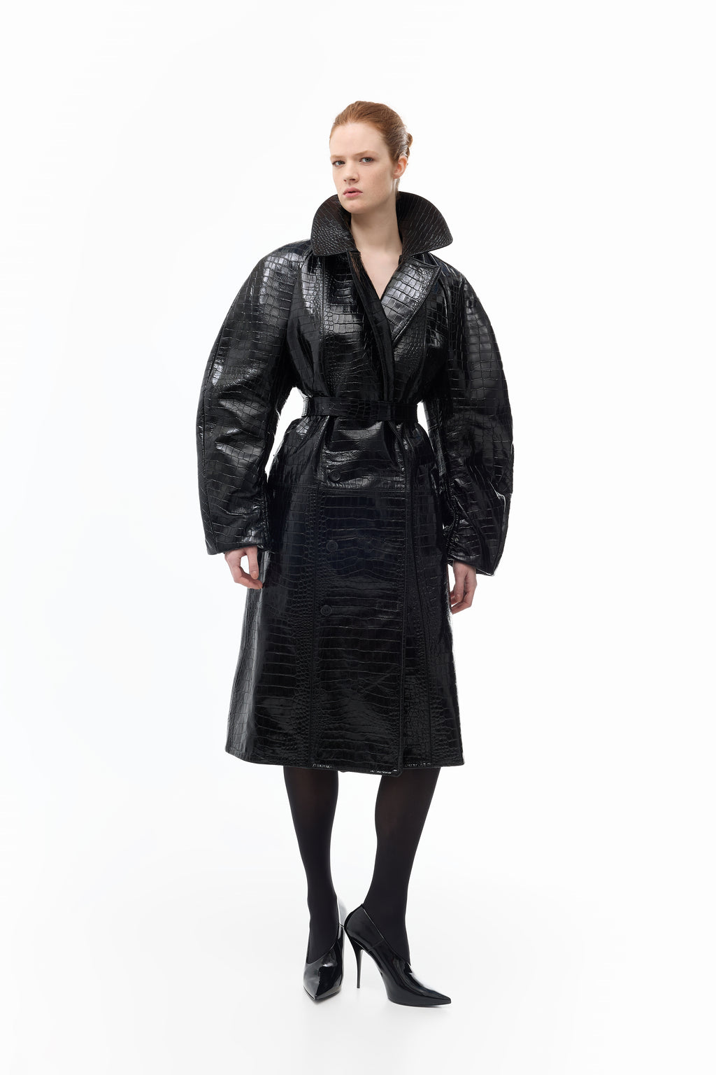 Double-breasted Crocodile-embossed Leather Coat in black — front view