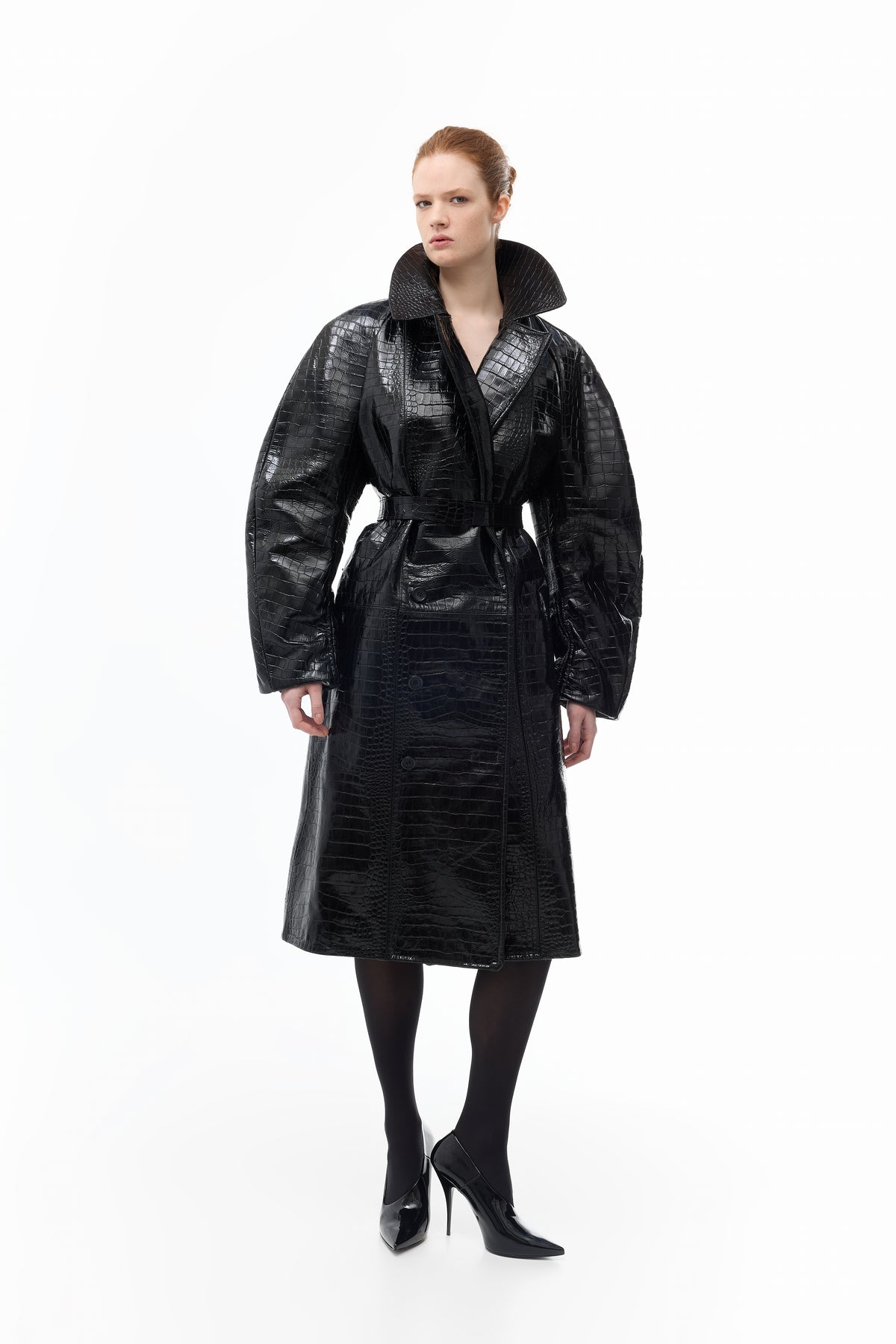 Double-breasted Crocodile-embossed Leather Coat in black — front view