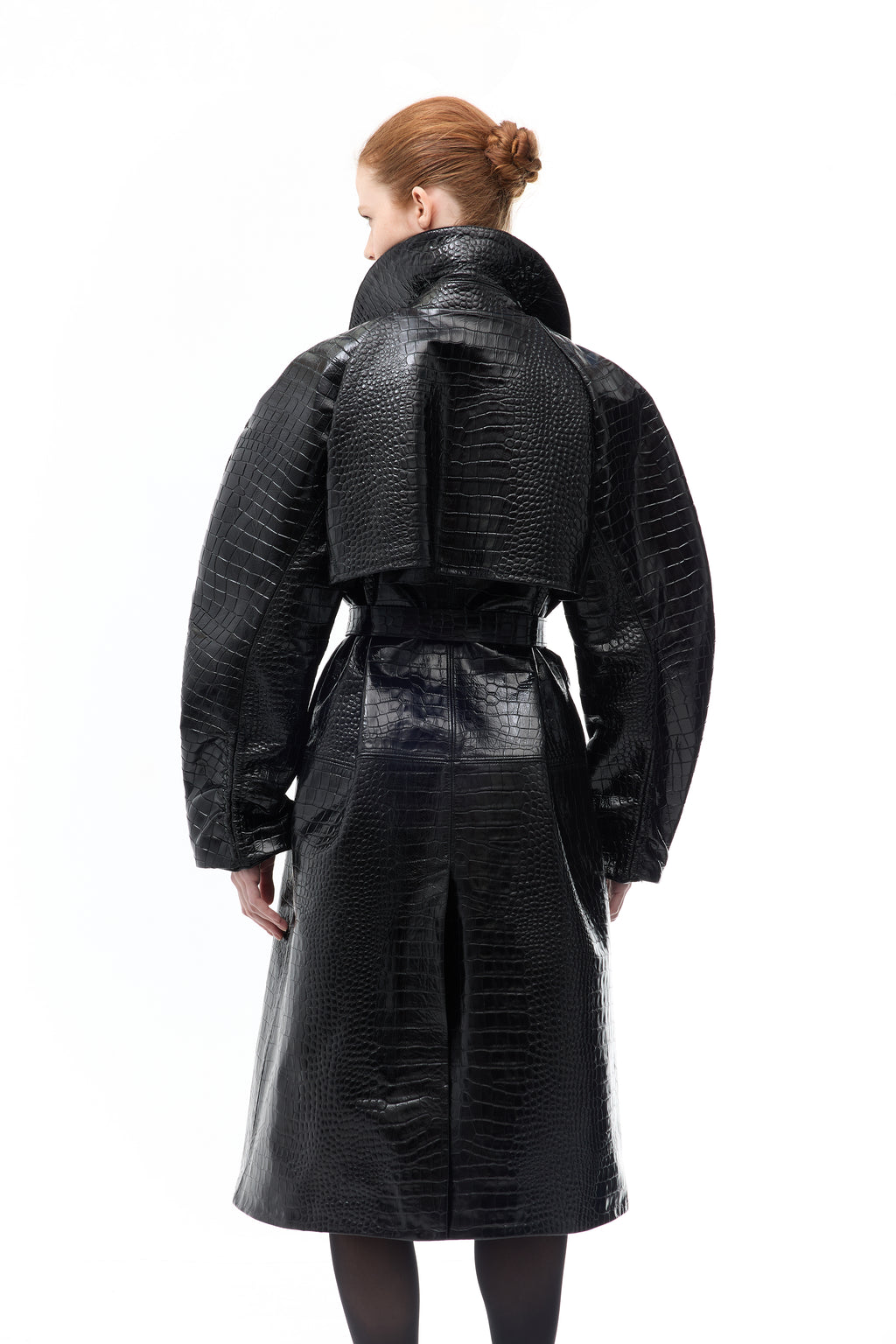 Double-breasted Crocodile-embossed Leather Coat in black — side view