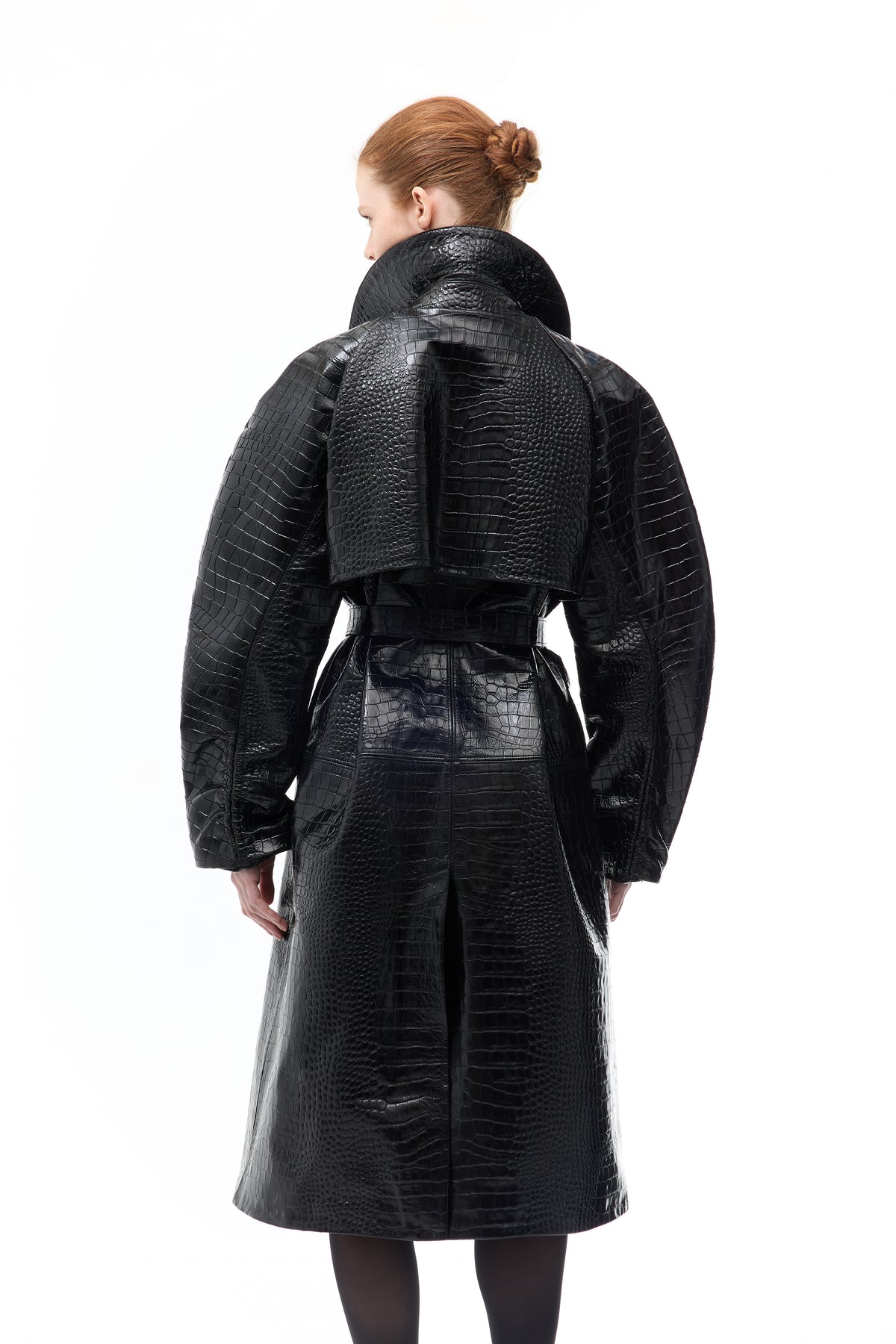 Double-breasted Crocodile-embossed Leather Coat in black — side view