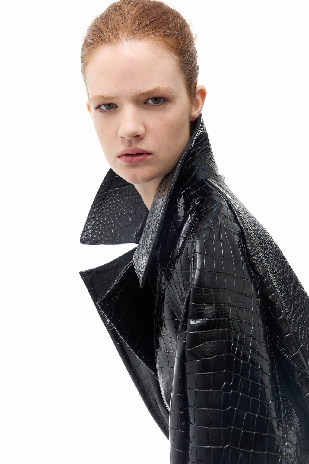 Double-breasted Crocodile-embossed Leather Coat in black — back view