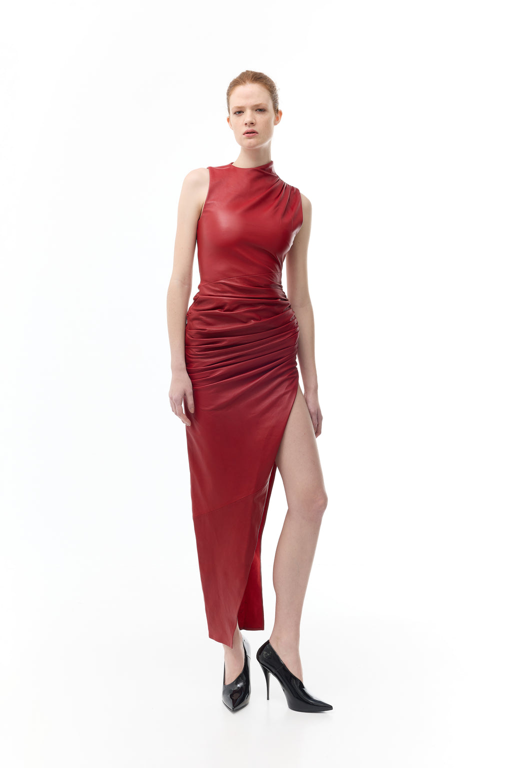 Long Draped Dress in Leather in red — front view