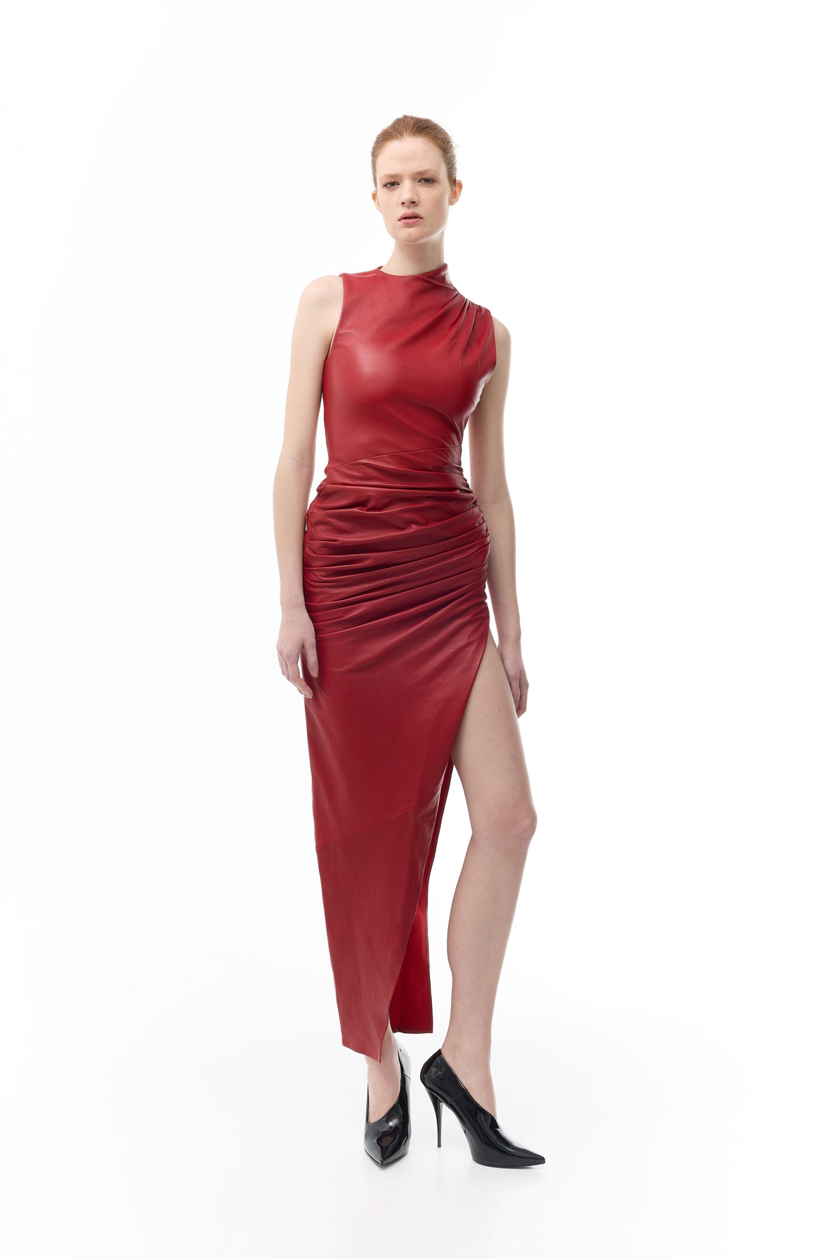 Long Draped Dress in Leather in red — front view