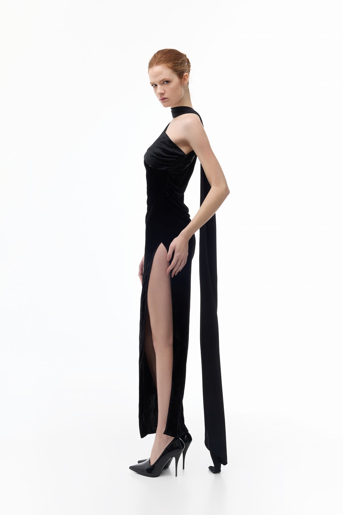 Long Velvet Dress with a Silk Scarf in black — back view