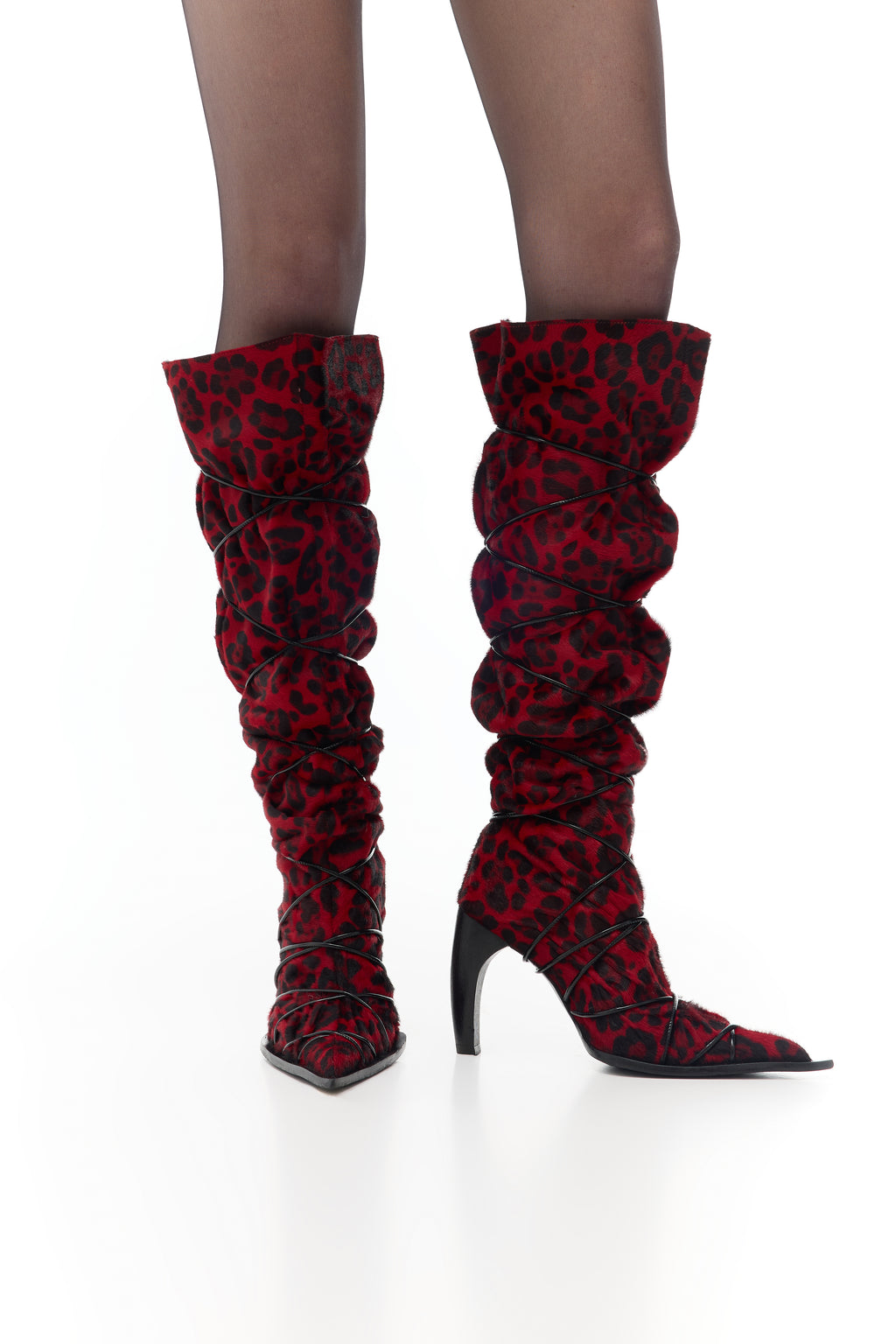 Knee-high Boots in Red Leopard Cavallino Leather — front view