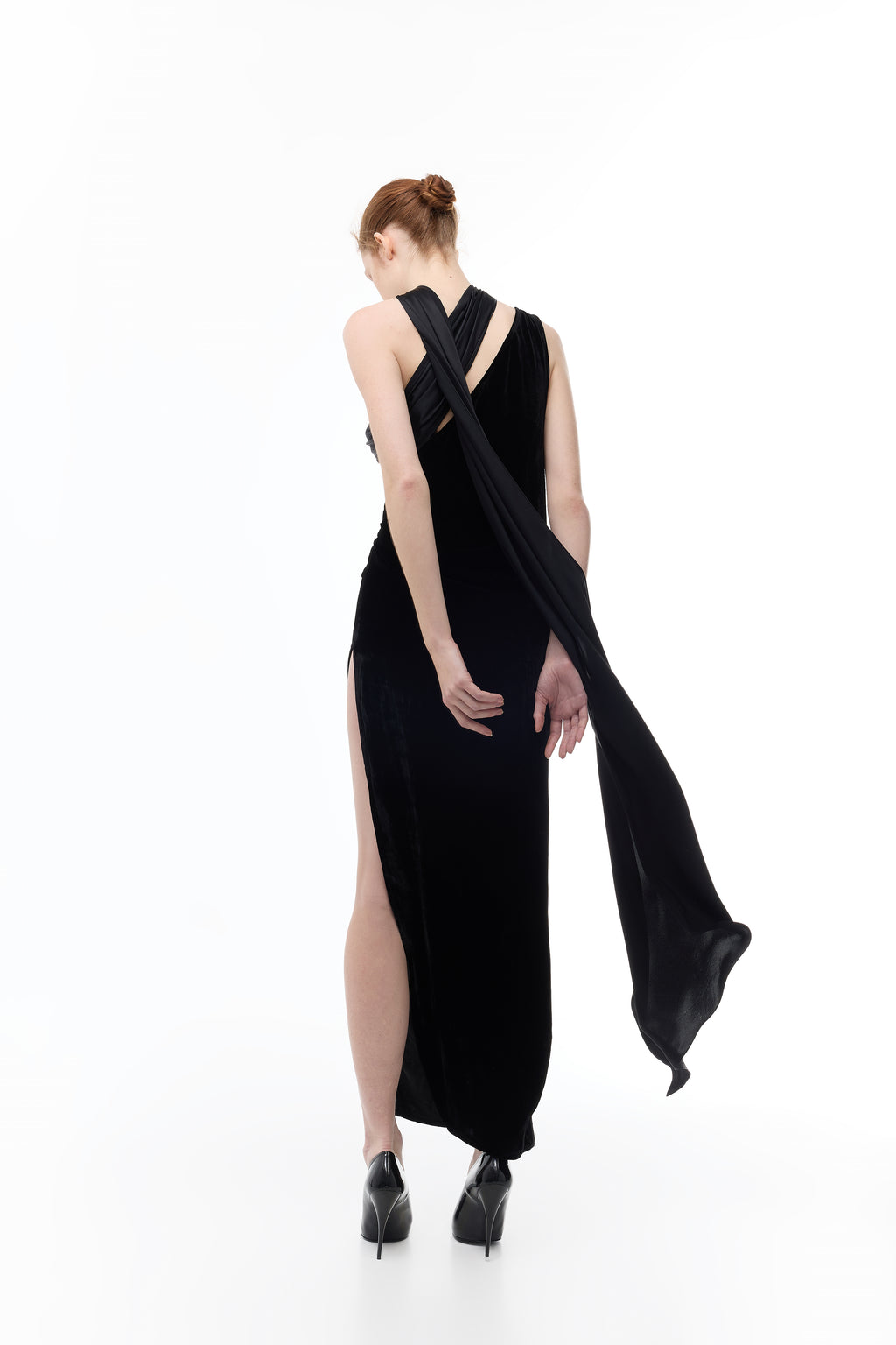 Long Velvet Dress with a Silk Scarf in black — detail view