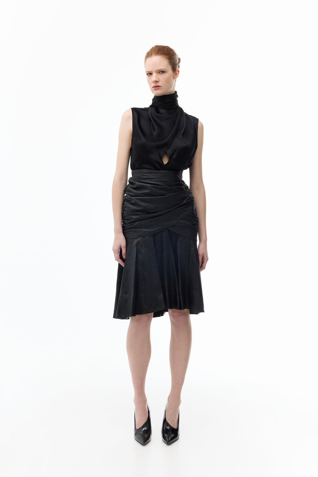 Box Pleated Midi Skirt in Leather in black — front view