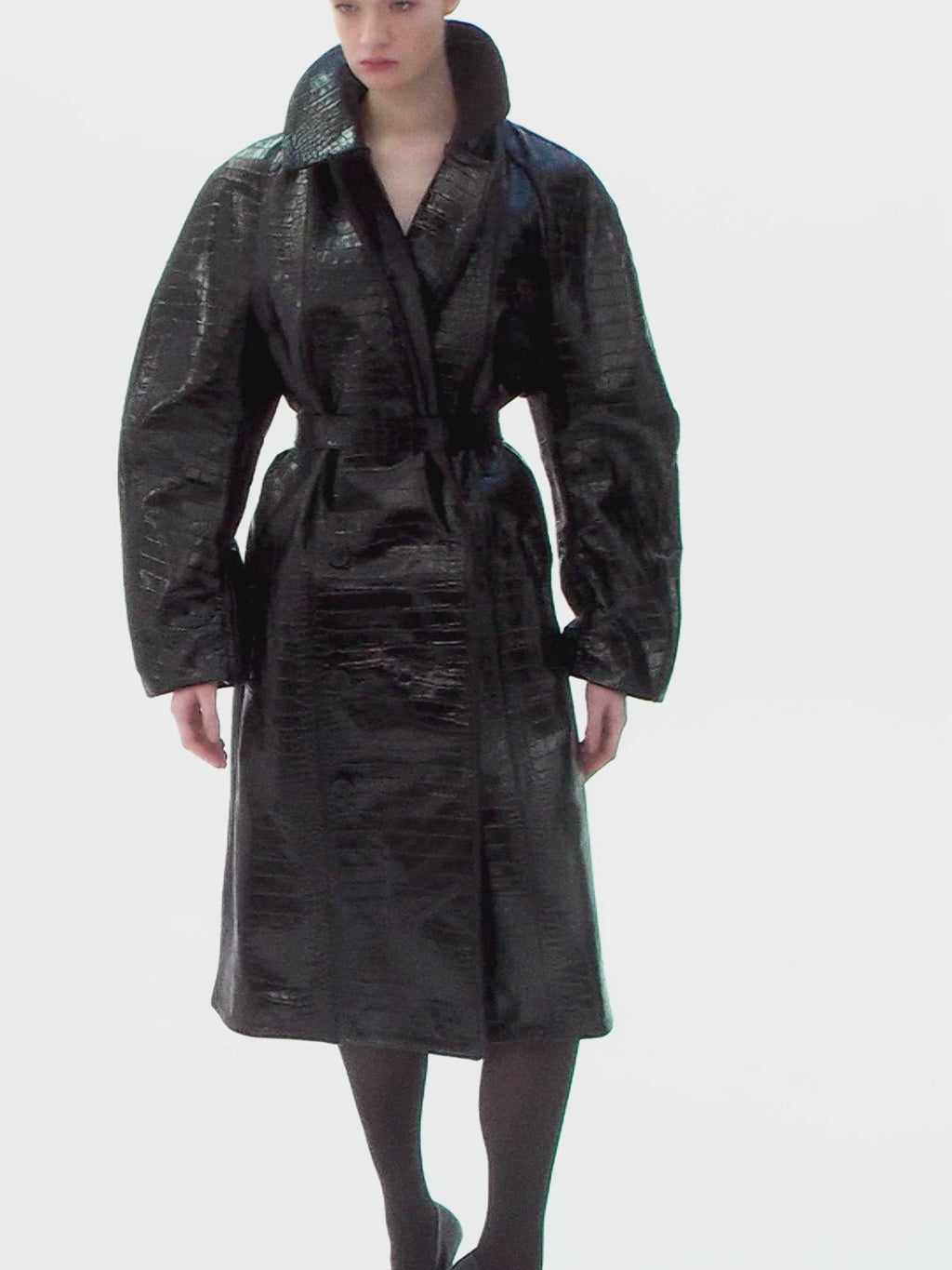 DOUBLE-BREASTED CROCODILE-EMBOSSED LEATHER COAT