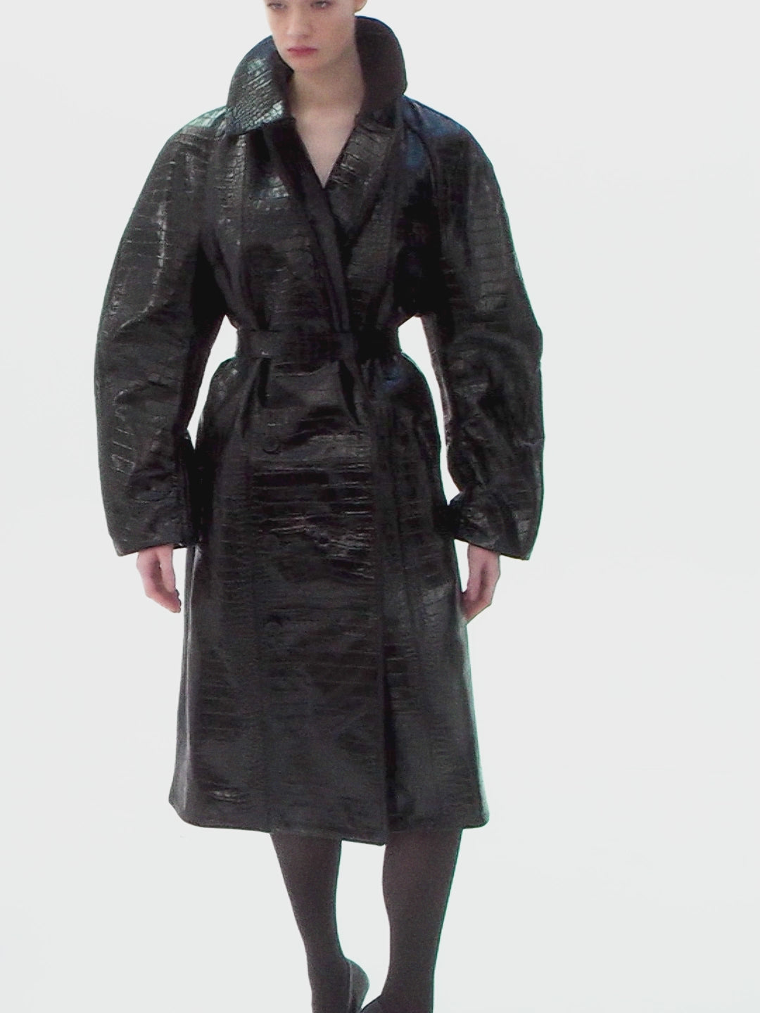 DOUBLE-BREASTED CROCODILE-EMBOSSED LEATHER COAT